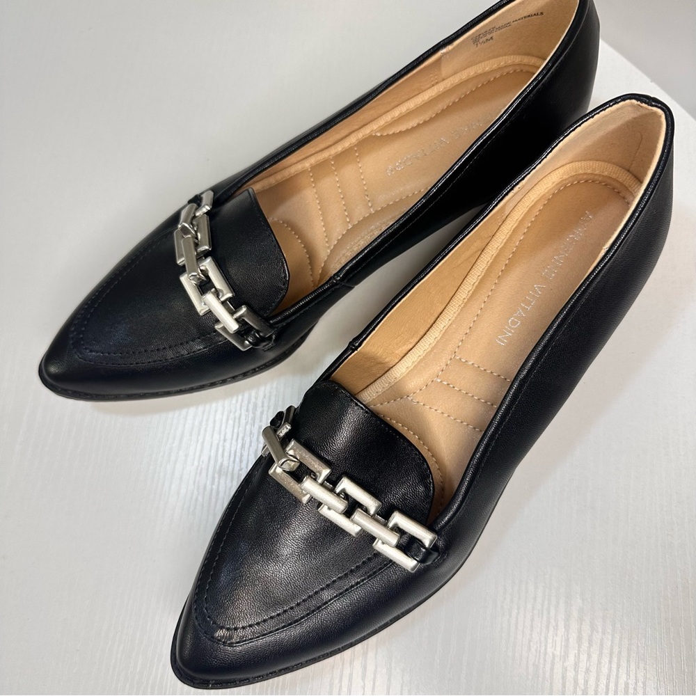 Adrienne Vittadini Black Flats with Silver Chain Detail